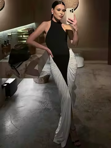 Blifanbo Patchwork Sleeveless Split Maxi Dress Women Fashion Contrast Color Halter Backless Ruched Bodycon Club Party Long Dress