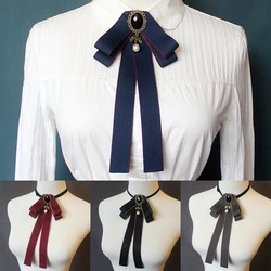 Women Pre Tied Bowknot Bow Tie Rhinestone Pearl Ribbon Brooch Adjustable Bowtie Uniform Necktie Women Costume Accessory