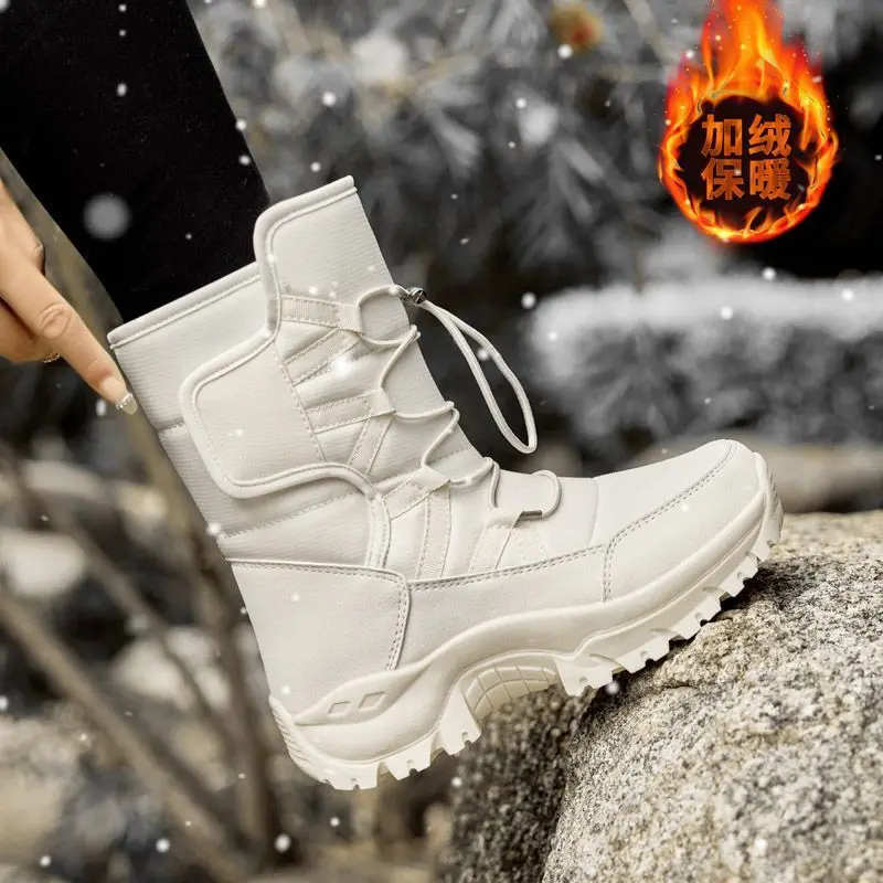 Bottes de neige imperméables non ald pour femme, chaussures en coton chaud, optique féminine, peluche, randonnée en plein air, village de neige, ski, rinçage, hiver