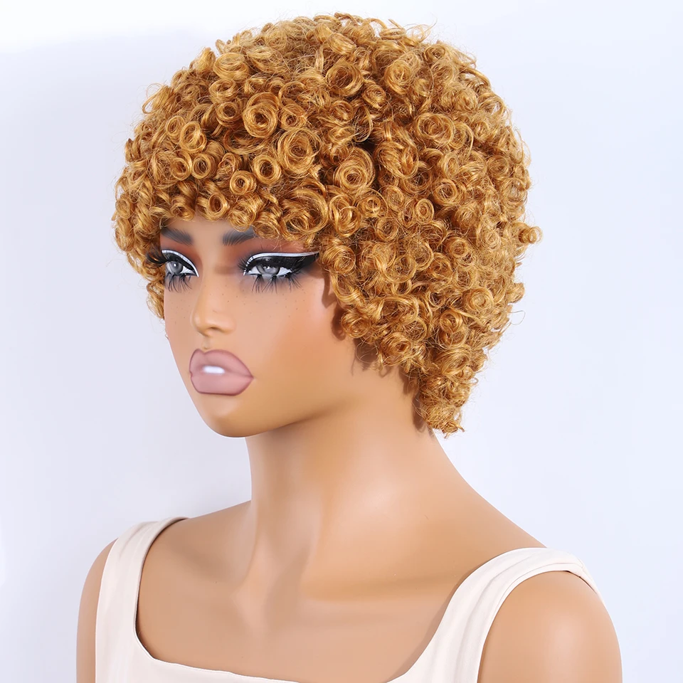 Brazilian Remy Human Hair Full Machine Made Wigs Short Afro Curly Wigs For Women Afro Kinky Curly Wigs with Bangs 180% Density