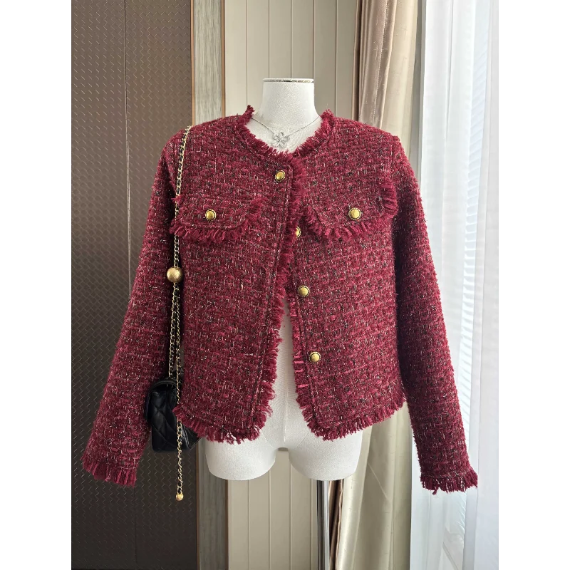 

Round Neck Tassel Casual Small Fragrance Women Coat Autumn Winter Red Tweed Joker Korea Elegant Chic Commuter Female Jacket