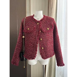 Round Neck Tassel Casual Small Fragrance Women Coat Autumn Winter Red Tweed Joker Korea Elegant Chic Commuter Female Jacket