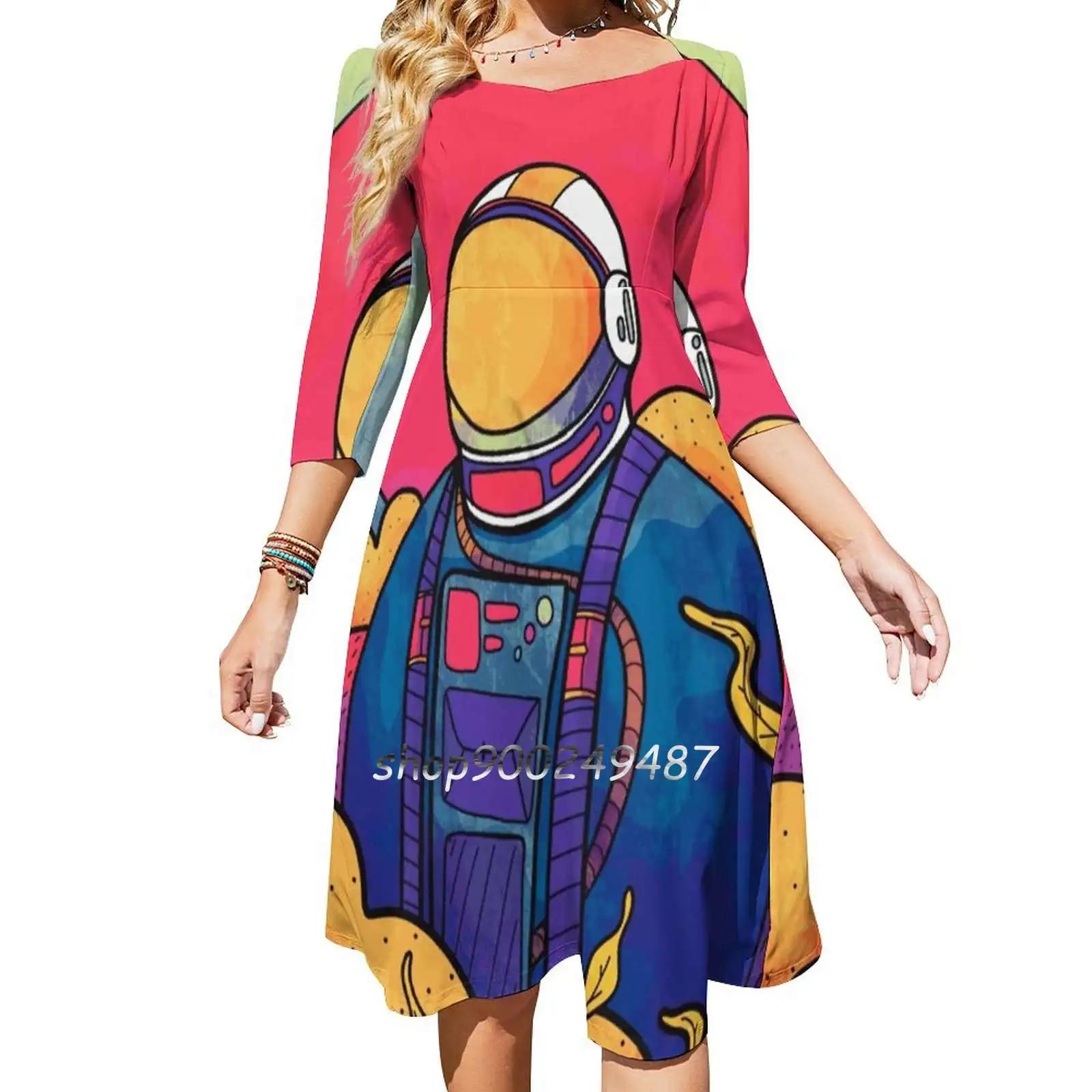 The Planet Explorer Evening Party Dresses Midi Sexy Dress Female Sweet One Piece Dress Korean Explorer Colourful Spaceman