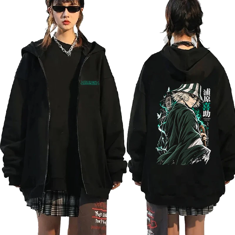 BLEACH Urahara Kisuke Zip Up Hoodie Anime Manga Green Energy Splash Print Oversized Zipper Sweatshirt Men Women Hooded Coat Tops