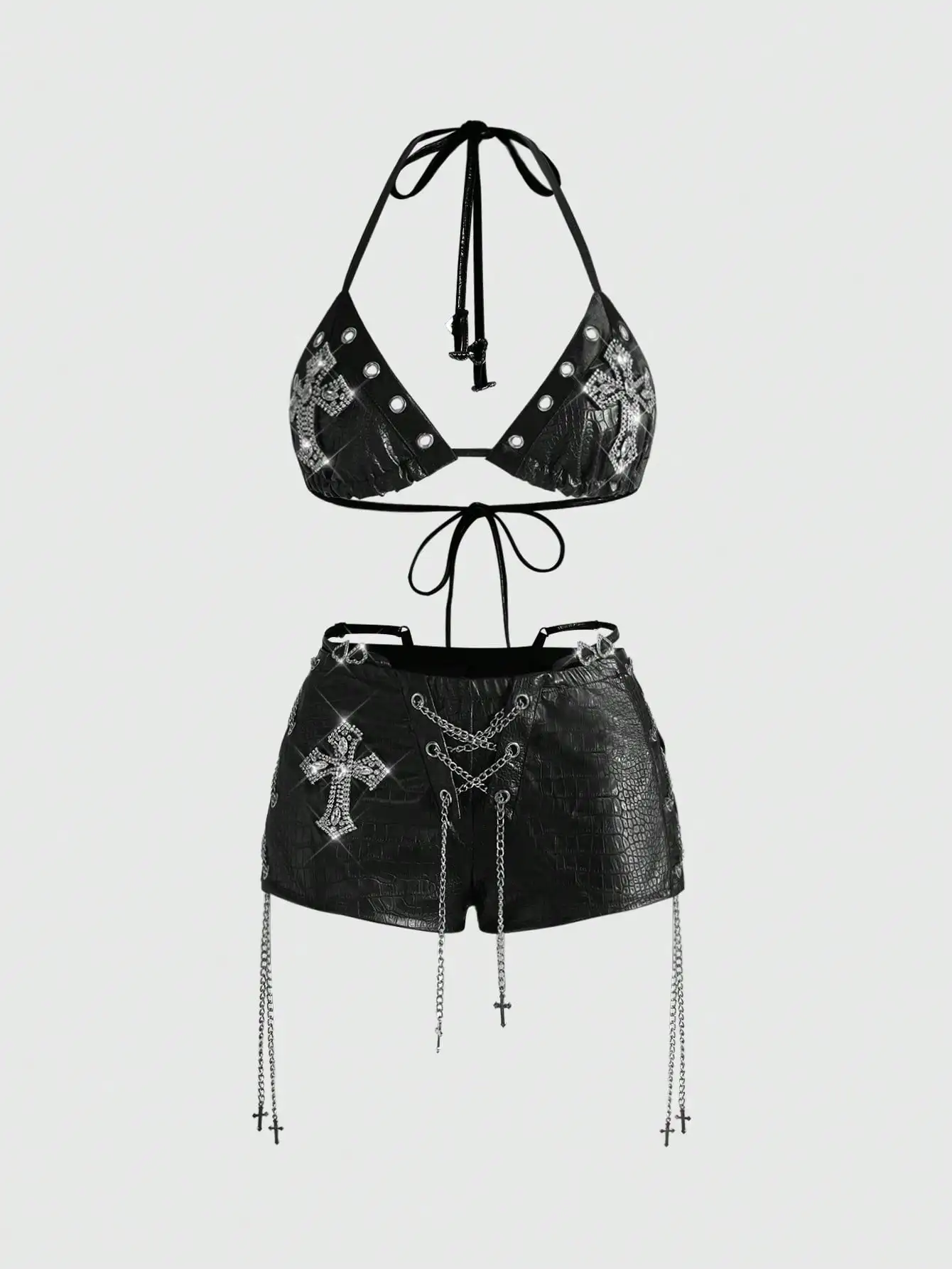 

Комплект из бюстгальтера и шорт в стиле готический панк для байкеров, с крестами из страз, цепями и эффектом искусственной кожи