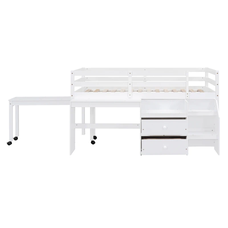 Letto a soppalco doppio con scrivania e cassetti, letto a soppalco in legno con scrivania portatile laterale, bianco