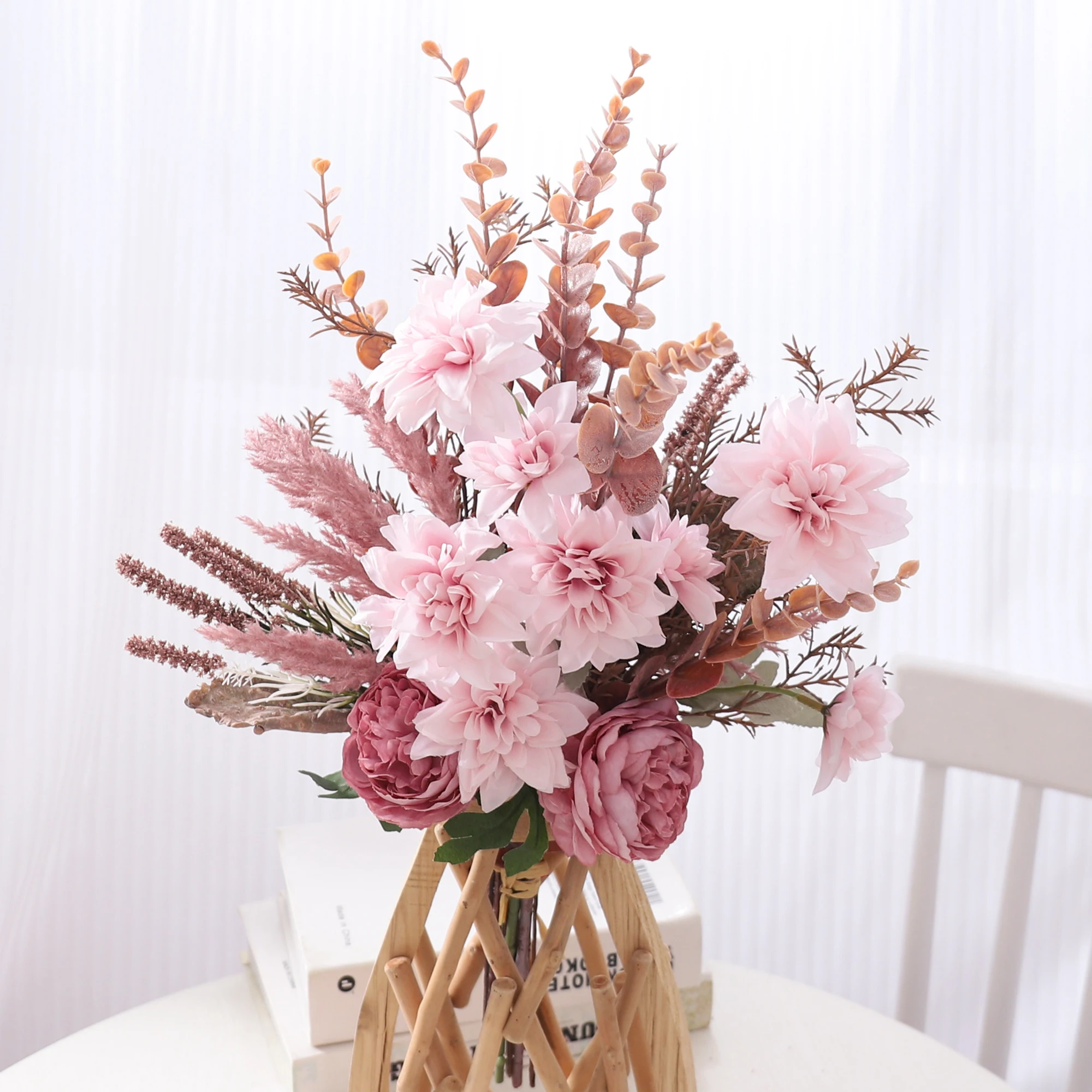 Artificial Flowers Peony Dahlia Bouquet High Quality Bride Wedding Home Arrangement Valentine's Day Eucalyptus Plants Decoration