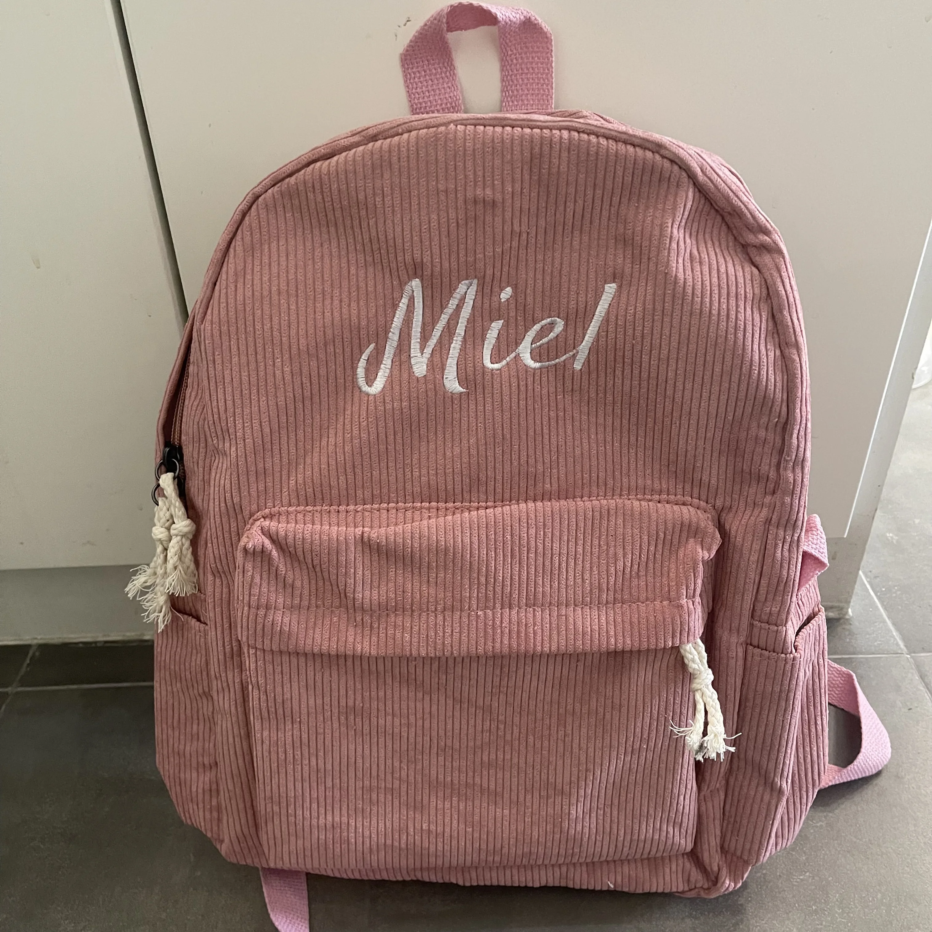 Mochila escolar con nombre personalizado para mujer, bolsos de libros para estudiantes de secundaria, mochilas escolares grandes de pana bordadas para niños y niñas