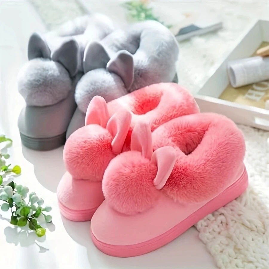 Plush rabbit men and women lovers winter warm wooden floor thickened indoor warm slippers Plush cotton slippers thick bottom, me image 4
