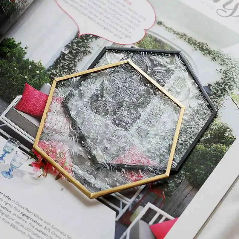 Ins European Retro Window Grille Glass Coaster  Embossed Pattern Hexagonal Glass Coaster Dining Insulation Pad