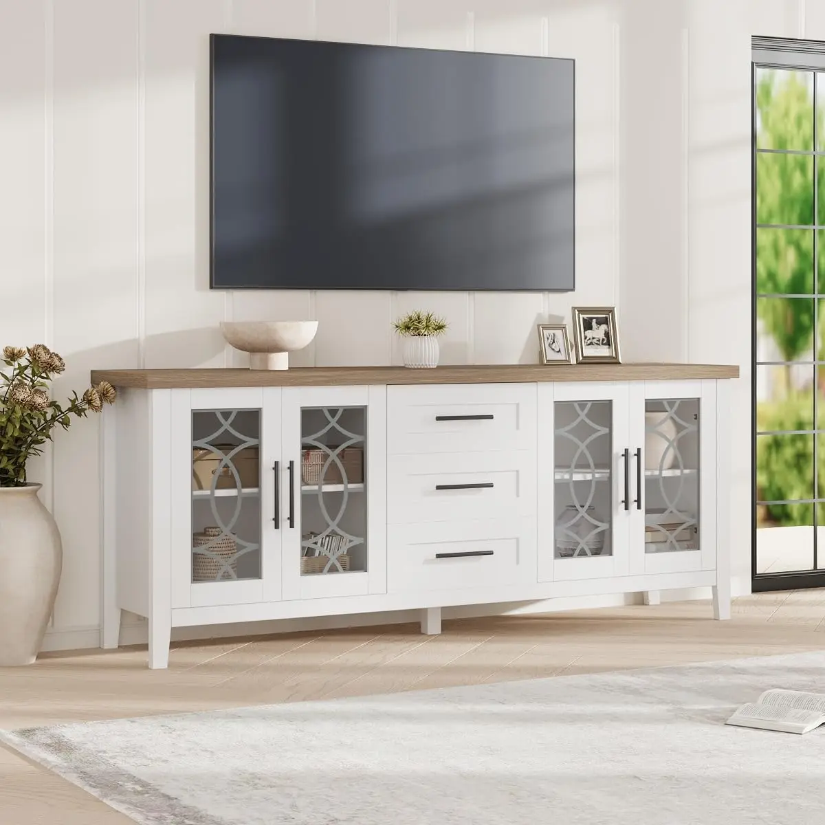 

TV Stands for Living Room, Entertainment Center with Glass Door, Television Stands 2 Storage Door & 3 Drawer for 65 inch