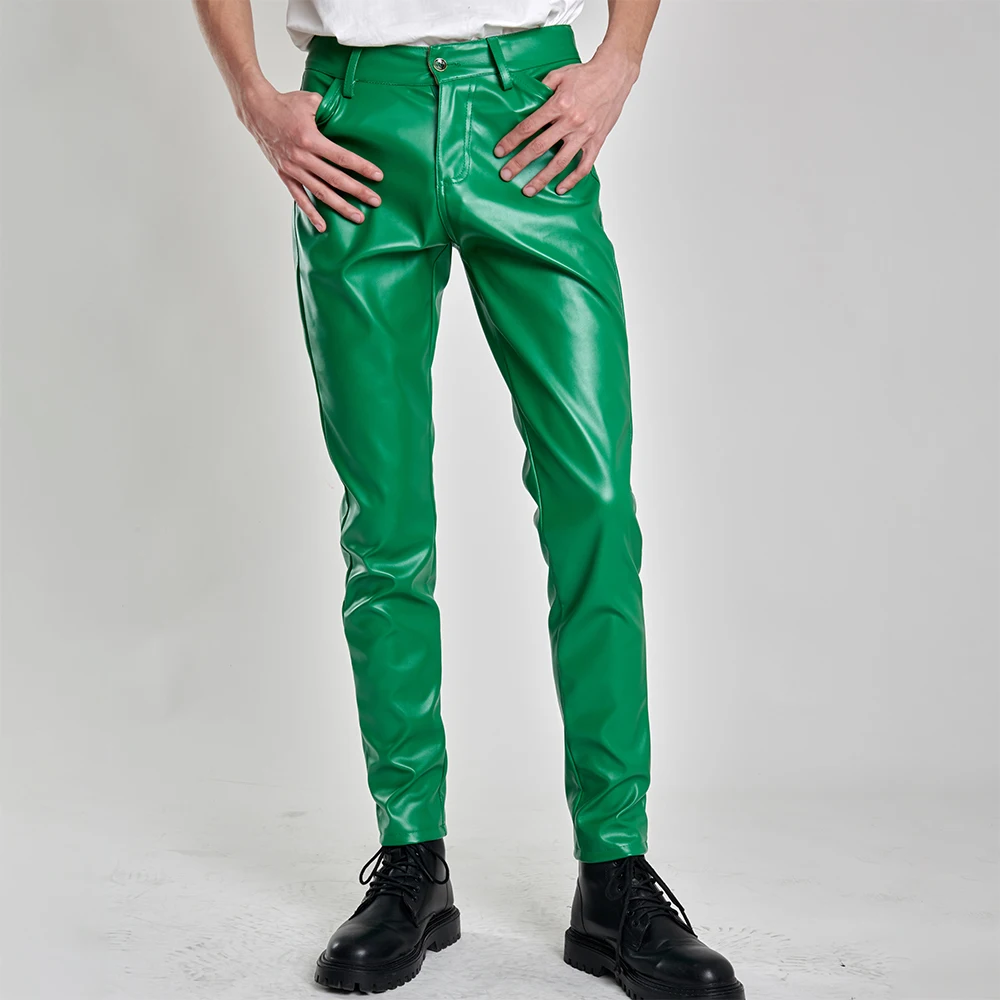 Herren-Lederhose, schmale Passform, Stretch, modische PU-Lederhose, Nachtclub, Party- und Tanzhose, dünn – Detail 7