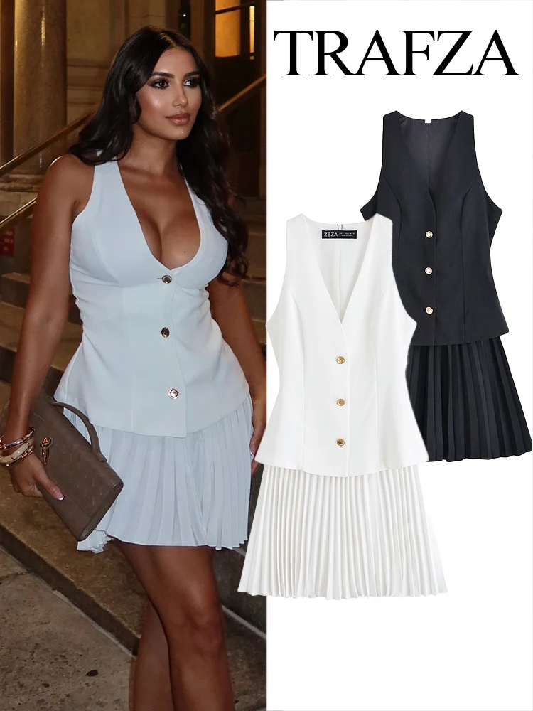 

TRAFZA Women Summer Fashion V-Neck Single-breasted Mini Sleeveless Dress Female Elegant Splice Decoration Beach Style Slim Dress