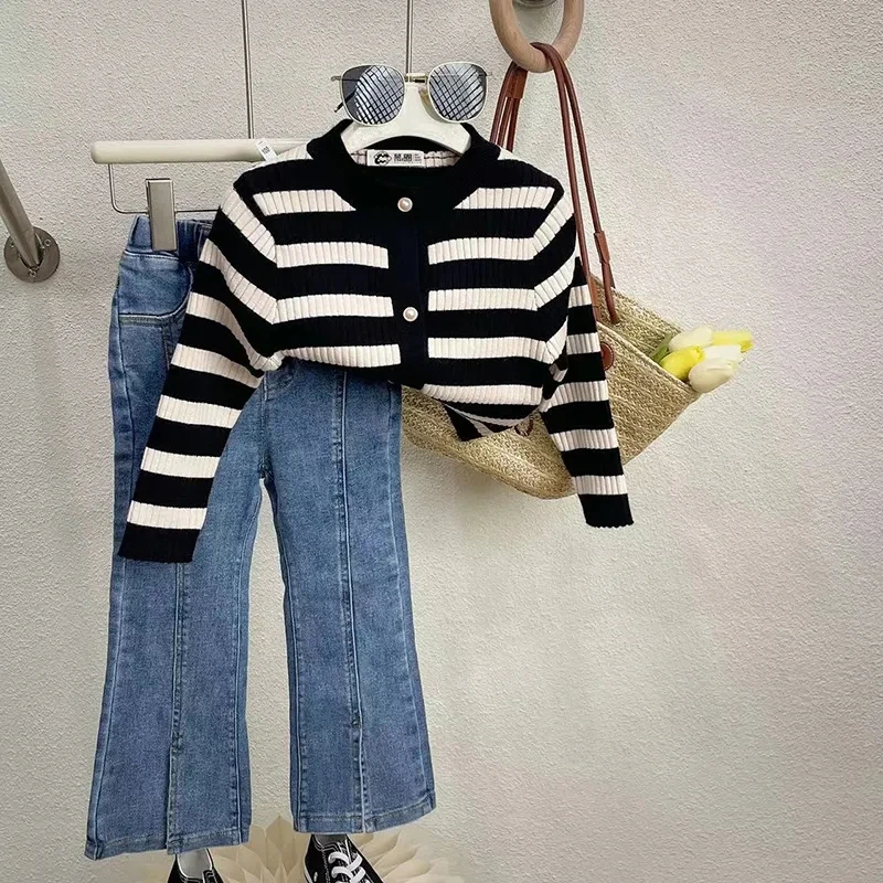 Girls Clothing Set Spring and Autumn Children's Fashionable Striped Top Jeans Set Big Girls Outfits