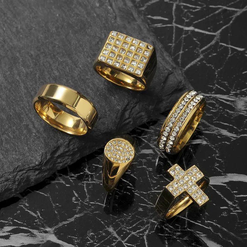 Men Gold‑Tone Stainless Steel Ring Paved Zircon Cross Square Signet Glossy Wide Band Hip‑Hop Trendy Men Statement Finger Jewelry