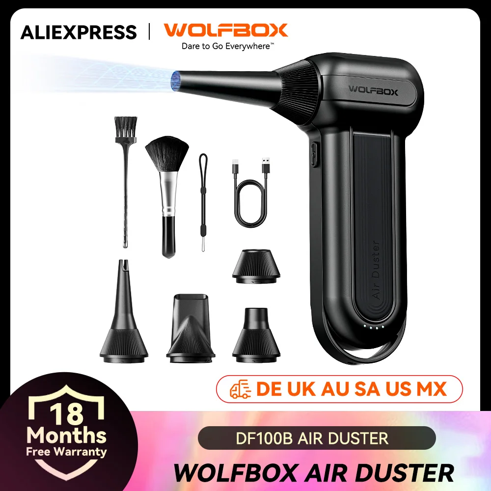 WOLFBOX DF100 (MF100-BLACK) Kabelloses Luftgebläse, 150000 U/min, Luftstaubsauger, 3-Gang-verstellbares Mini-Gebläse für Auto/PC/Zuhause/im Freien