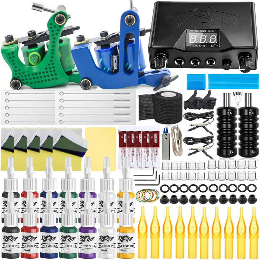 Coil Tattoo Machine Kits Professional Tattoo Gun Set with Power Supply Grip Inks Permanent Makeup Tattoo Set for Beginner