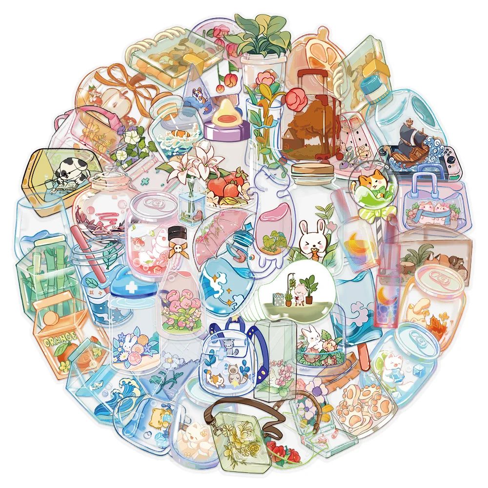 50 Stück transparente Glas-Obst-Tiere-Aufkleber für Handyhülle, ästhetische Dekoration, Scrapbooking, Schreibwaren, Schulbedarf