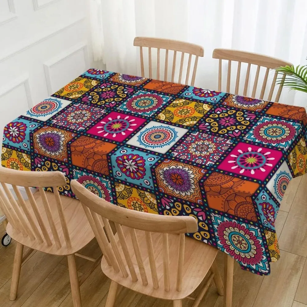 

Durable Rectangle Bohemian Mandala Tablecloth Ethnic Style Dirt-resistant Table Cover Colorful Table Protecter Banquet