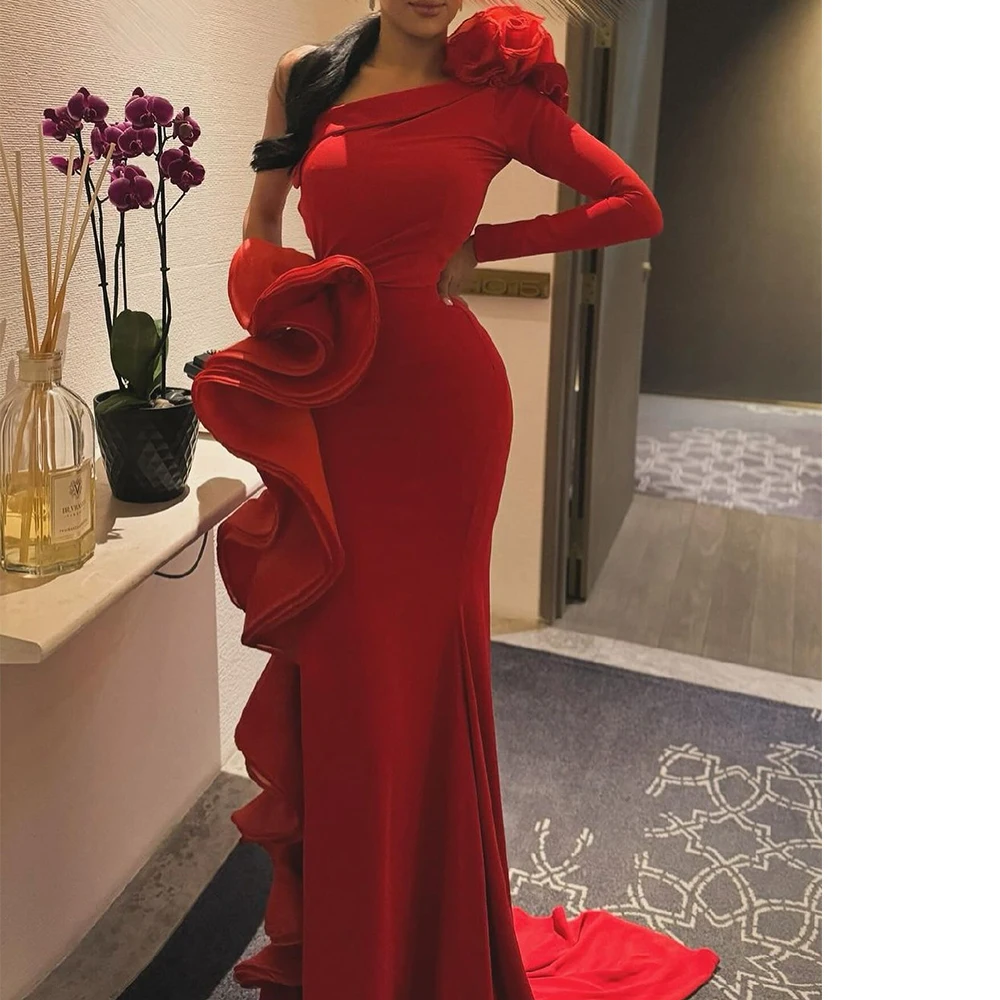 

Customized Delicate Straight Floor Length Strapless One Shoulder Jersey Long Sleeves Evening Dress Classic vestidos para mujer