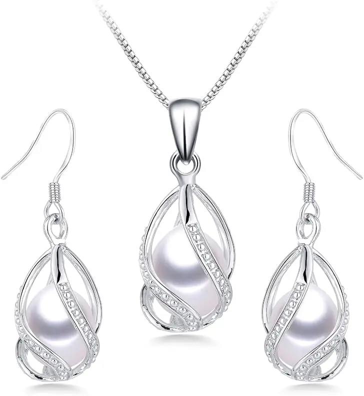 

Freshwater Pearl Necklace & Earrings Set for Women, Silver Plated Pendant Gift for Wedding, Anniversary, Birthday