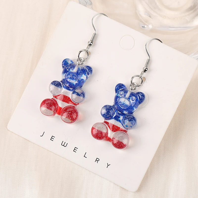 1Pair Fashion Independence Day Drop Earrings Flatback Resin Star Heart and Bear Jewelry For Girl  and Woman Birthday Gift