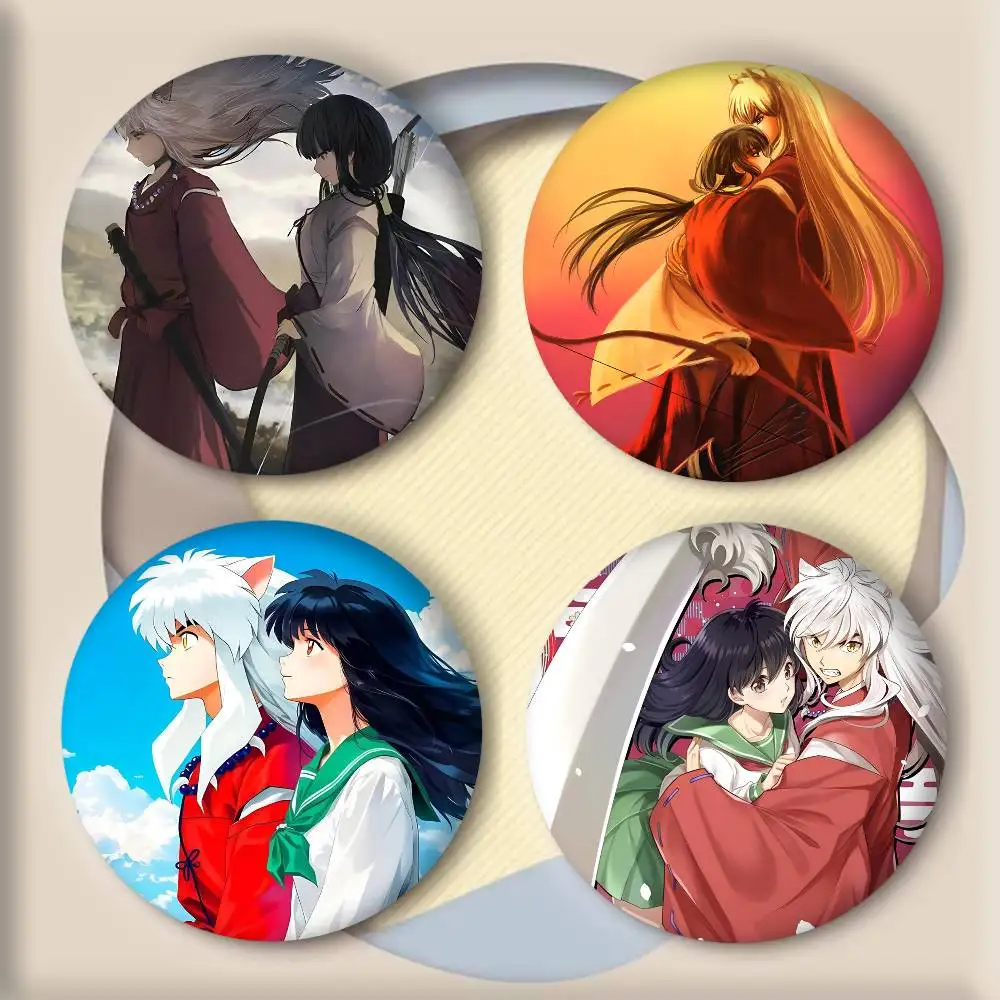 Classic Anime I-Inuyasha And Kikyo Manga Badges Round Cosplay Pin Bag Decor Fans Collect Friends Gifts Brooch