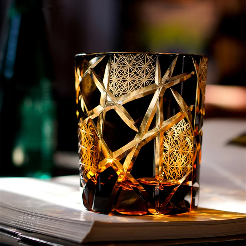 

Wine Tumbler Hand Cut Flashing Lightning Design Amber Whiskey Glass