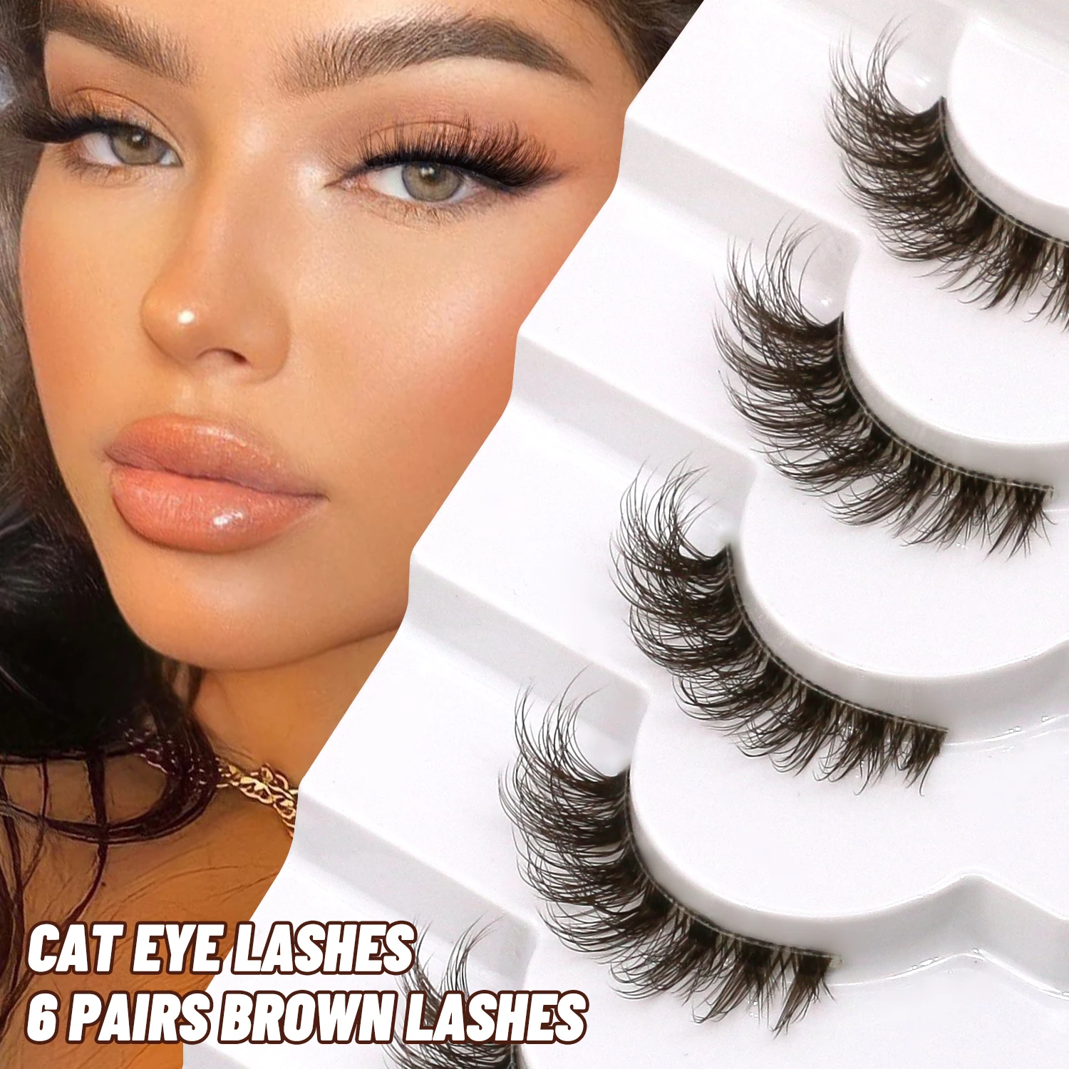 VELTRINAY براون نصف جلدة مظهر طبيعي أفخم الرموش الصناعية Wispy القط رموش واضح لاش الفرقة رموش طبيعية ماكياج #4