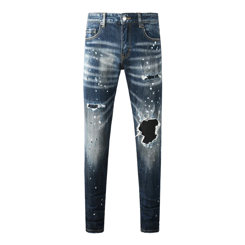 Men Dark‑Blue Splash‑Paint Streaky Washed Big Hole Ripped Skinny Jeans, Vintage Distressed Denim Pants, Mid‑Waist Stretch Slim‑F