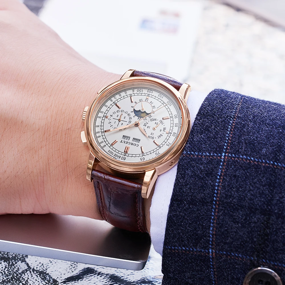 Corgeut 42 мм автоматические мужские часы Дата День Месяц Год Розовое золото Циферблат Многофункциональный кожаный ремешок 316L Полированный корпус День Ночь