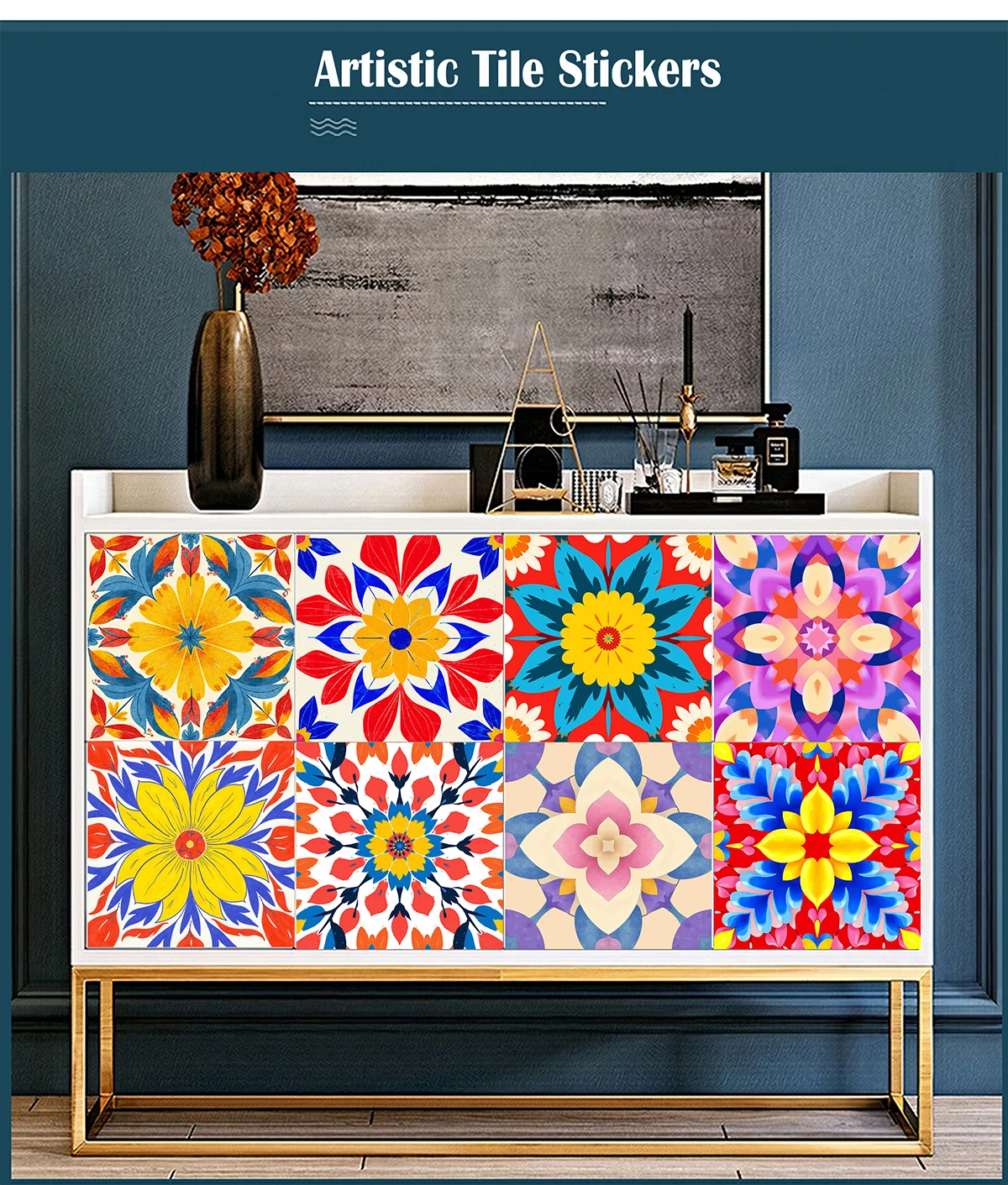 Vibrant Mexican Floral Mandala Tile Stickers Self Adhesive PVC Waterproof Oilproof Kitchen Bath Cabinet Wall Backsplash Decor