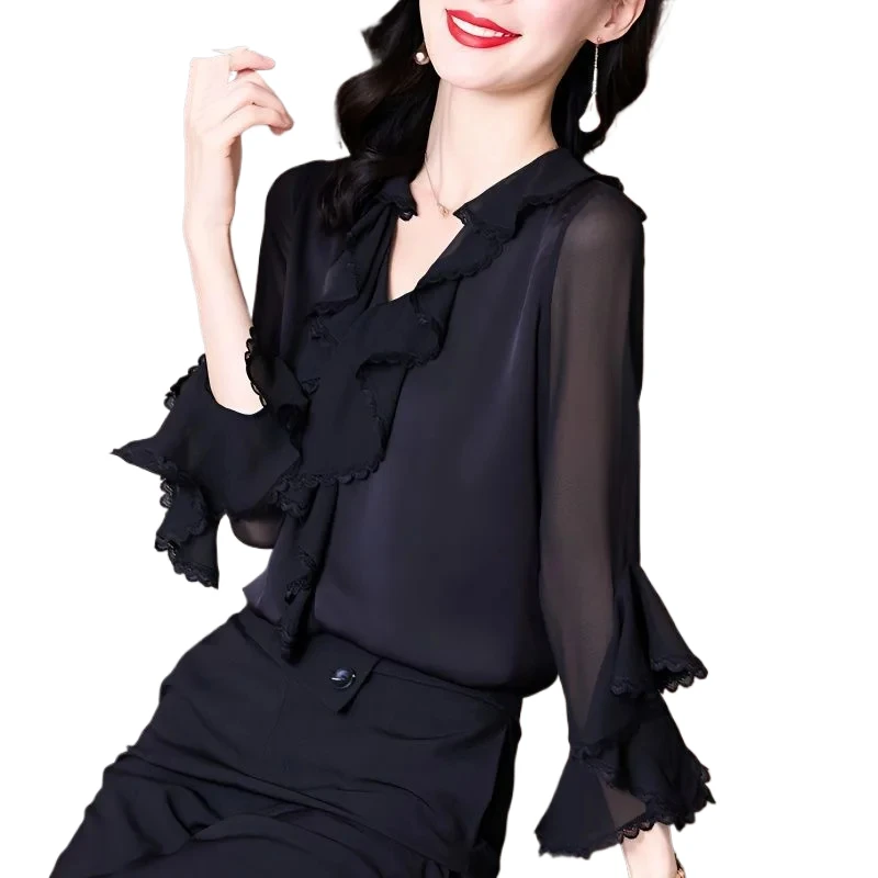 Spring Summer Women\'s Clothing Solid Color Ruffles V-Neck Pullover Chiffon T-shirt Casual Elegant Fashion Flattering Tops