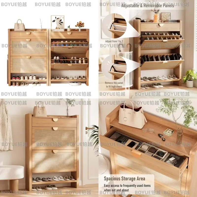 Narrow Rattan Shoe Storage Cabinet with 2 Flip Drawers Hidden Organizer for Entryway Space Saving Furniture Custom Design