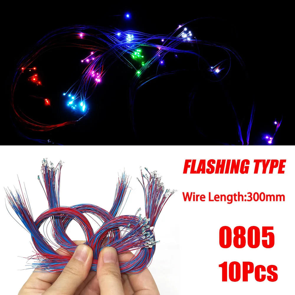 10Pcs 0805 FLASHING LED SMD Lamp Wired Micro Litz Led Pre-Soldered Chip Wired 3V 30cm Railway Model Toy Light DIY Leads Wires