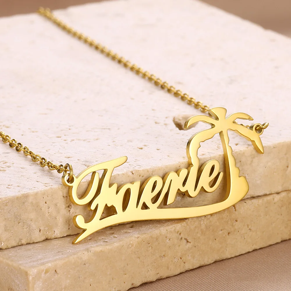 

Custom Coconut Tree Name Necklace Women Jewelry Personalized Stainless Steel Summer Beach Scene Necklace Vacation Accessories