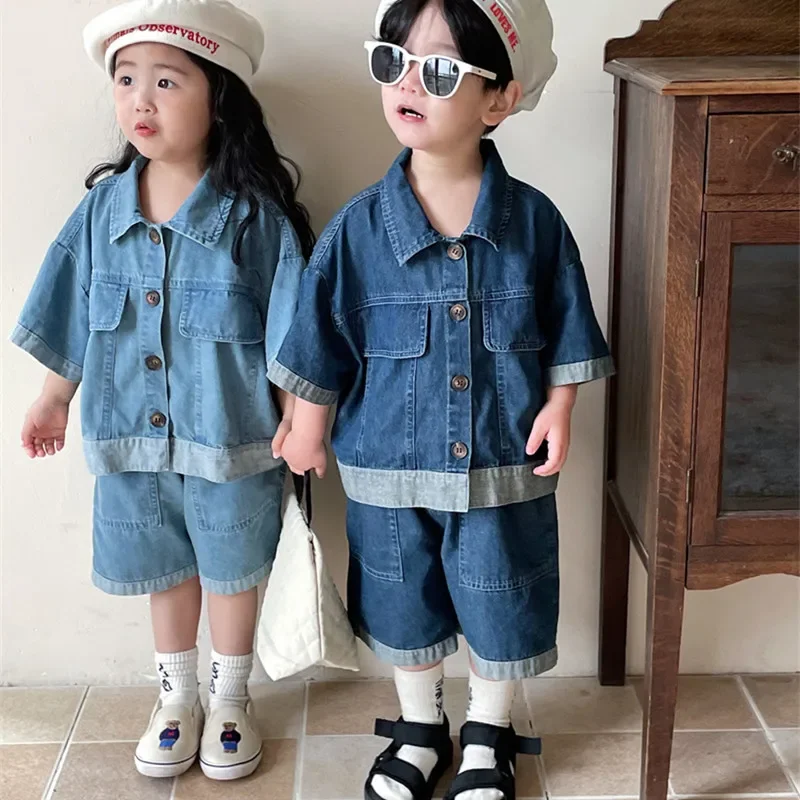 

2023 Summer Kids Clothes Set Boys Outfit Solid Color Denim Short Sleeve Shirt and Middle Pants 2Pcs Girls Suit