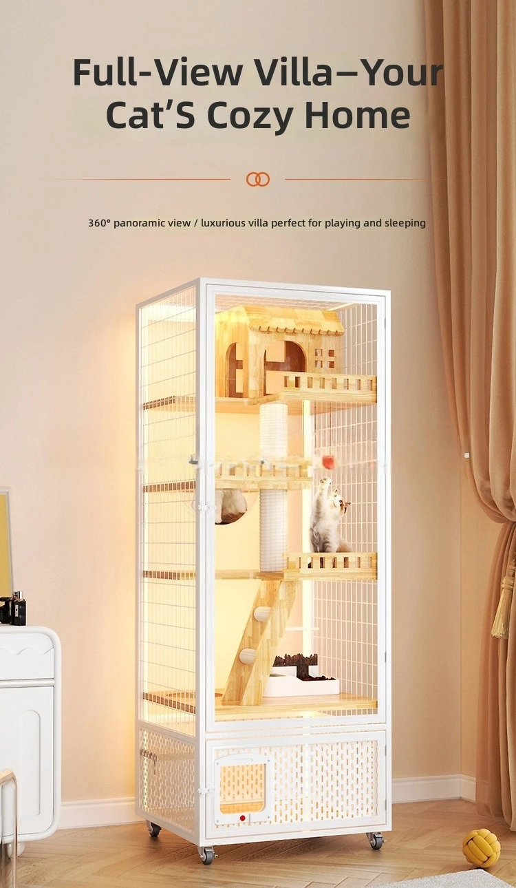 

Large Wooden Cat House with Glass Panoramic View,Multi-Level Indoor Cat Tree Hut for Big Cats,Space-Saving Pet Shelter,Cat Fort