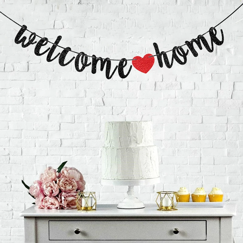 Willkommen zu Hause Banner Willkommen zurück Party Banner Golden Black Glitter Home Party Zeichen Dekore Banner für Militär Armee Party Dekor – Detail 11