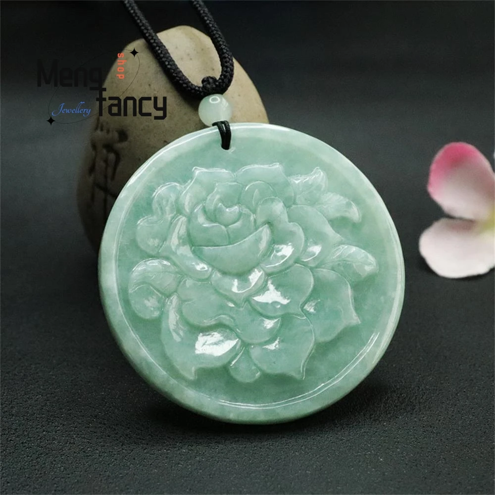 Natural Jadeite Rose Pendant Round Plaque Sweater Exquisite Elegant Charm High-grade Luxury Quality Jewelry Fashion Holiday Gift