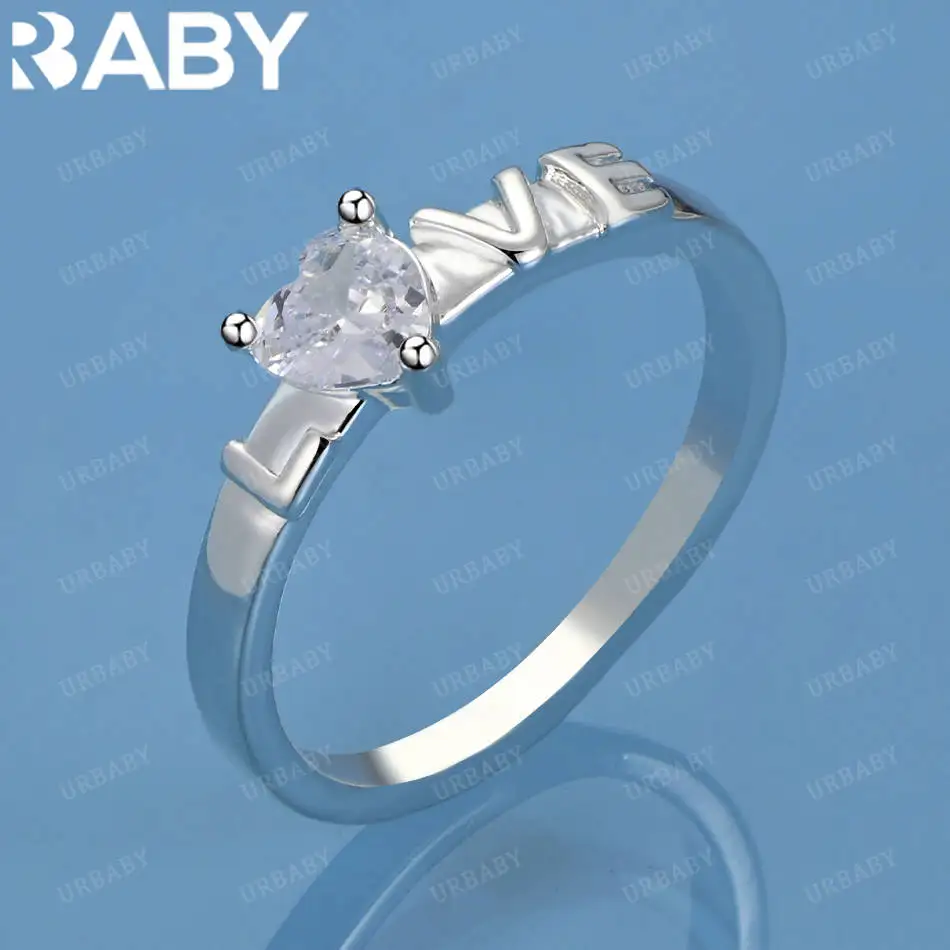

URBABY 925 Sterling Silver Size 7-10 Zircon Love Geometric Ring For Women Fashion Jewelry Vintage Grace Charm Noble Party