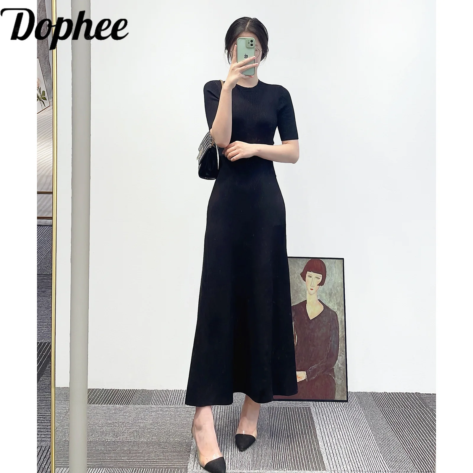 

High Quality New Spring Summer Women Short Sleeve Dress Elegant Metal Buckle Hollow Waist Solid Black Ultra Long Dress for Lady