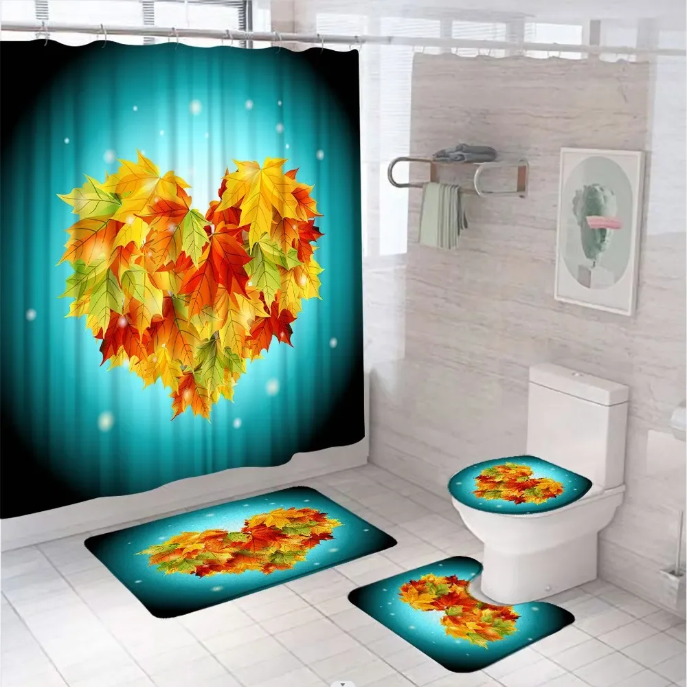 Yellow Maple Tree Leaves Shower Curtain Sets Autumn Thanksgiving Harvest Pumpkin Corn Scenery Bathroom Decor Bath Mat Rug Cover