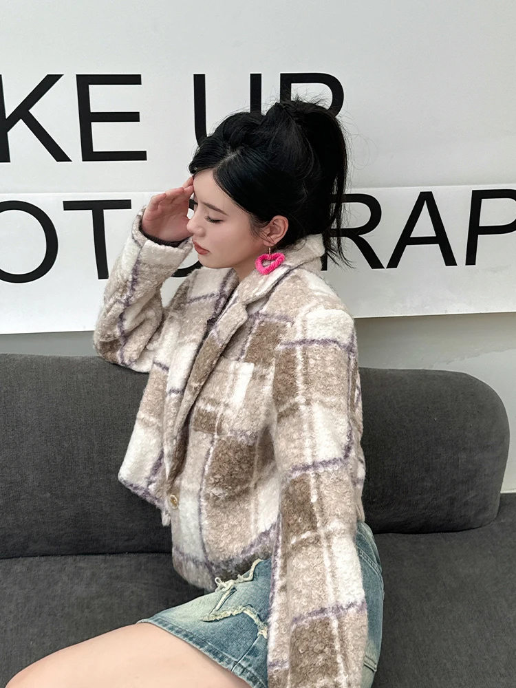 

BETTERSAY Thiened Ретро клетчатый шерстяной костюм Jaet ort Свободная осенне-зимняя женская модная верхняя одежда с v-образным вырезом на пуговицах