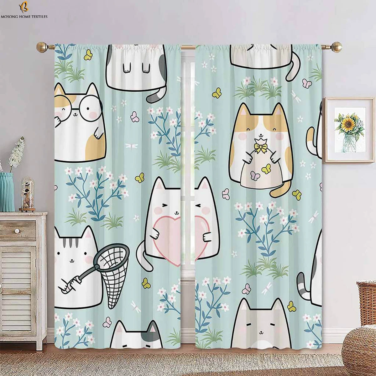 

2pcs Cartoon Kitten Cute Printed Curtain Rod Pocket Bedroom Living Room Kitchen Decorative Curtain Household Supplies