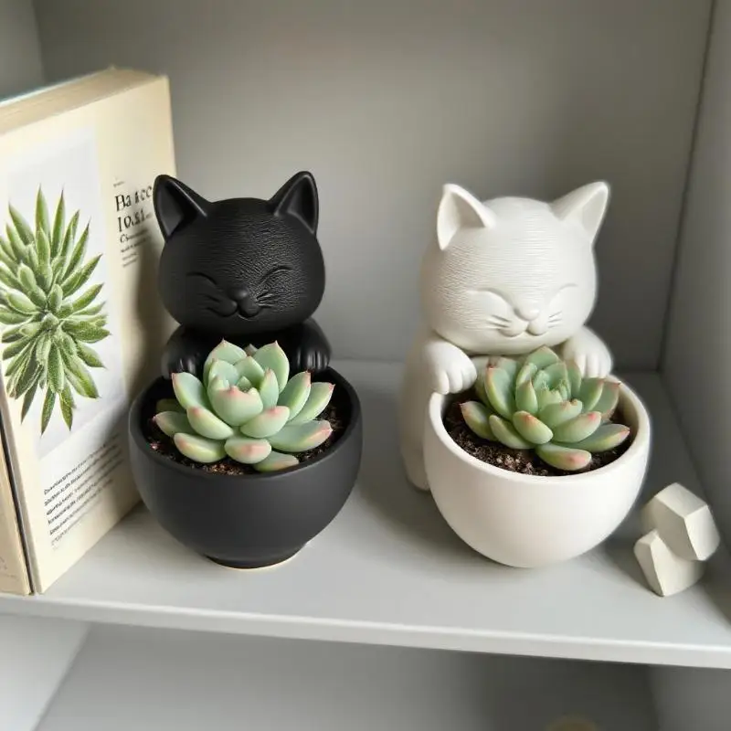 C For Succulents Small Flowers And Cacti Bedroom Offices Desktop Ornament Cat-Shaped Pot With Drainage Holes Uniquely Designed