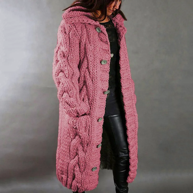 Damenpullover, neuer lässiger, lockerer, europäisch-amerikanischer Mode-Cardigan mit Umlegekragen, gestrickter langer Mantel, Pullovermantel in großen Größen – Detail 2