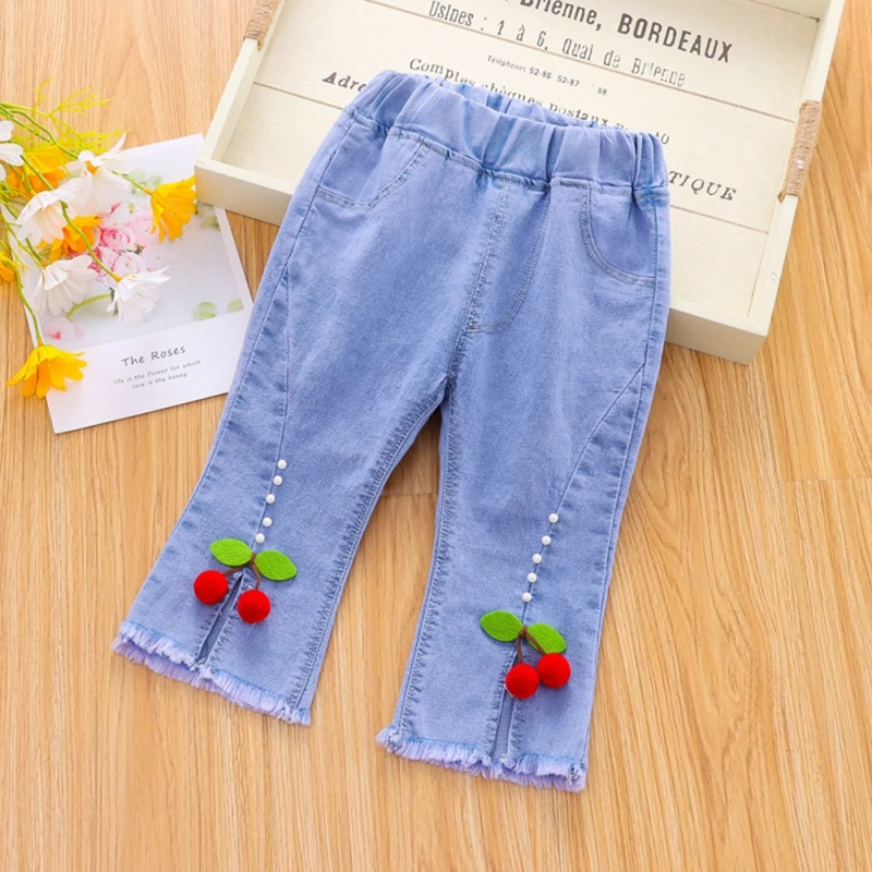 Kids Girl Jeans Floral Long Flare Pants Spring Autumn Cherry Pattern Print Casual Trousers Bow Children Denim Pants 2-7years