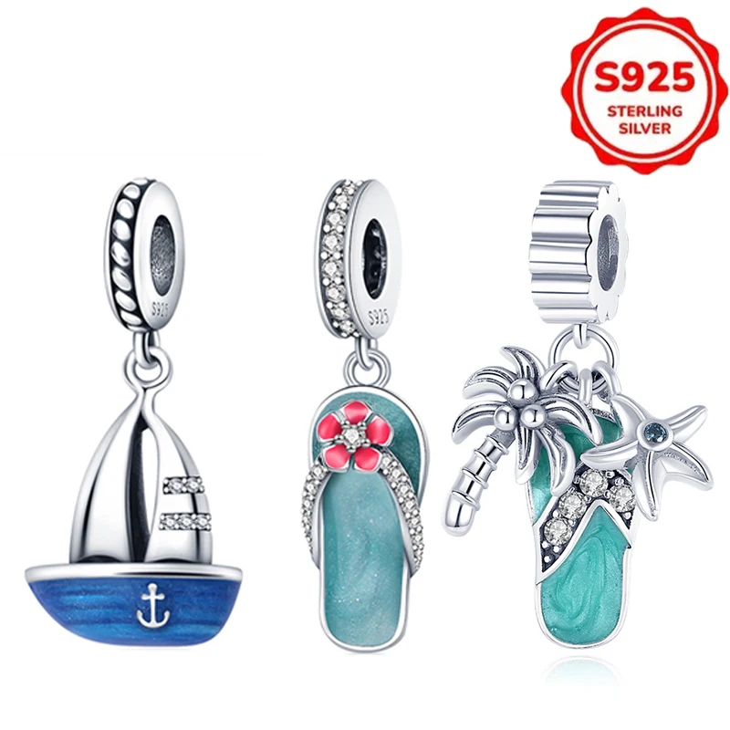 

Charms 925 Sterling Silver Beach Coconut Tree Starfish Flip-flops Beads. Womens Original 925 Bracelets DIY Jewelry Pendant Gifts
