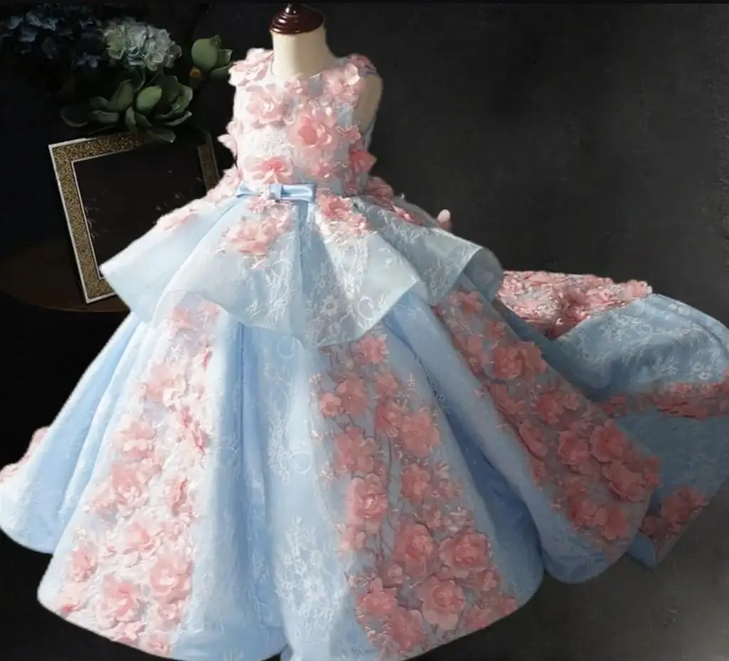 

Luxury Flower Girl Dress for Wedding Pink Flowers Lace Appliques O Neck Ball Gown Girls Party Pageant Gown Kid Size 1-16T